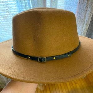 Women Belt Buckle Fedora Hat dark camel